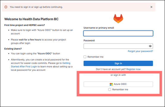 Screenshot of GitLab login window