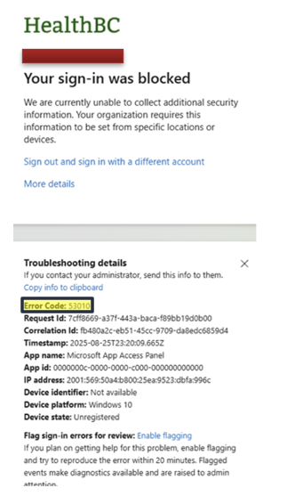 Screenshot of HealthBC error message for error code 53010 "Your sign-in is blocked".